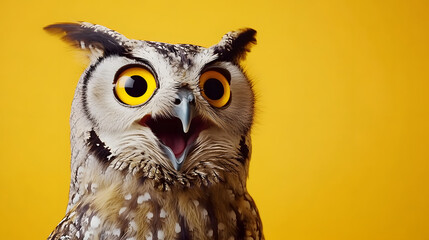 Obraz premium Studio portrait of surprised owl, isolated on yellow background
