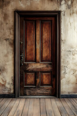 A rustic wooden door stands against a weathered wall, adding charm and character to any interior space.
