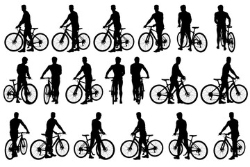 collection of silhouette male character with a bicycle with different angles for graphic resources