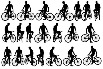 collection of silhouette male character with a bicycle with different angles for graphic resources