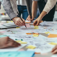 Collaborative work session with diverse hands brainstorming ideas on paper using sticky notes and sketches.