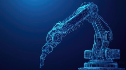 Wireframe robotic arm in blue tones against a dark background.