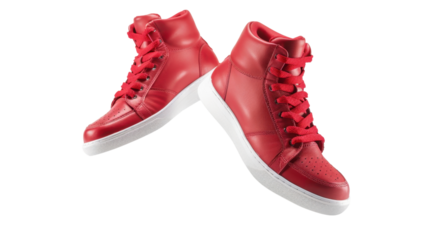 Casual red sneakers shoes with flying laces on transparent background