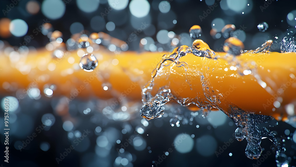 Poster close-up of water splashing over a vibrant orange pipe, creating beautiful bokeh effects in a dynami