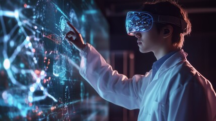 Scientist observing data through augmented reality interface, futuristic technology visualization. AI generated
