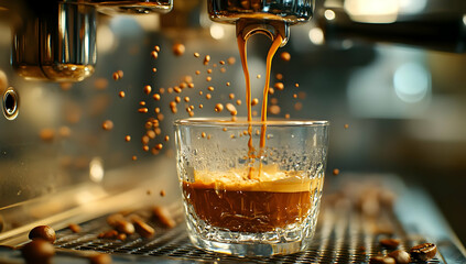 Freshly brewed espresso with rich crema spills into a glass, highlighting coffee splashes and aromatic coffee beans.