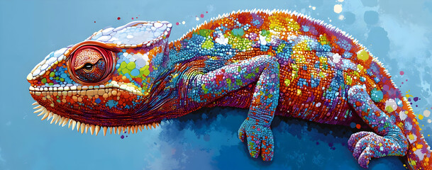 A vibrant and colorful chameleon perched against a blue background, showcasing its unique patterns and textures.