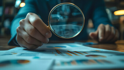 A person examining financial reports with a magnifying glass, showcasing focus on details and analysis in a professional setting.