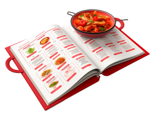 Open Cookbook Featuring a Delicious Soup Dish Displayed on the Page with Red Handles