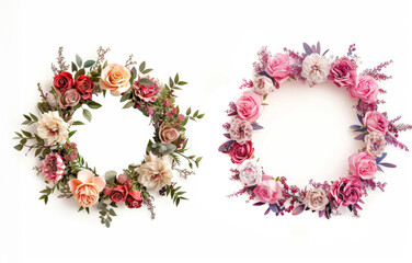 Charming floral wreaths with blank space for romantic wedding invitations and anniversary celebrations on a white background