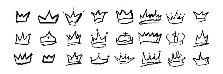 Set of doodle crowns drawn by wax pencil. Black royal headwear in graffiti style. Collection of hand drawn luxury doodle kid elements for rock or hip hop music poster design. Vector illustration.