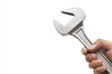 A hand holding a large wrench, symbolizing repair and strength, photorealistic, isolated on white background