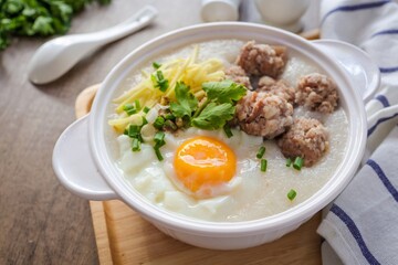 Congee or rice porridge with pork and eggs,in white ceramic bowl , thai food, asian food, chinese food