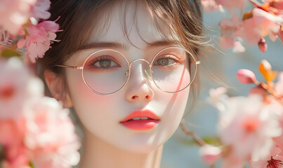 A young woman with glasses poses amid blooming flowers, showcasing beauty and elegance in a serene, natural setting.