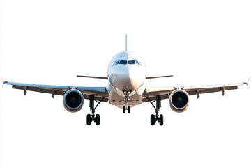 An airplane with its landing gear extended, approaching for landing, realistic detail, isolated on white background