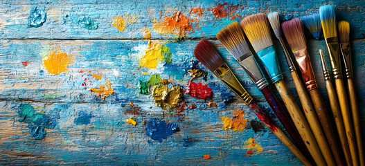 Obraz premium Colorful paintbrushes arranged on a wooden surface with vibrant paint splatters, ideal for artistic and creative projects.