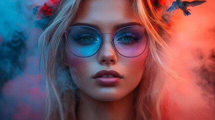 Obraz premium Blond woman with blue eyes and a flower in her hair