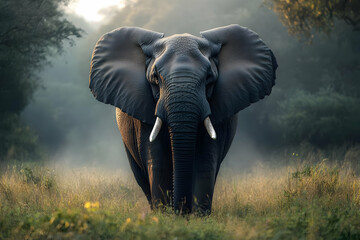 Obraz premium Majestic elephant standing in tall grass, surrounded by misty nature. A symbol of strength and grace in the wild.