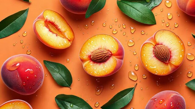 Fruity delight of ripe peaches with droplets on orange background captured in a fresh, vibrant arrangement