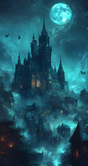 A haunting castle shrouded in mist under a full moon, creating an eerie yet captivating atmosphere filled with mystery.