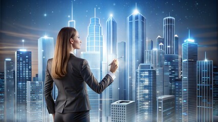 Businesswoman sketching a futuristic cityscape with glowing buildings and ideas, urban creativity, future city concepts in business