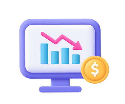 Computer and descending chart graph with down arrow, coin with dollar sign. Economic crisis, bankruptcy, trading decrease, business and finance risk concept.3d vector icon. Cartoon minimal
