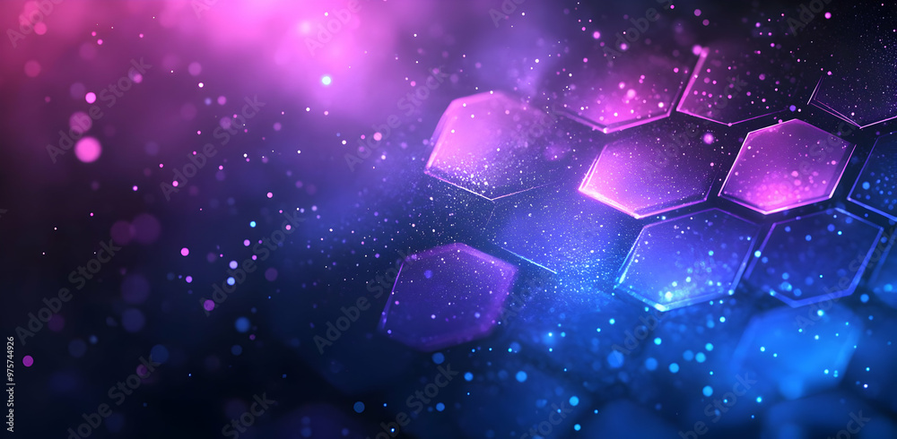 Poster vibrant hexagonal pattern with colorful lights and subtle bokeh, perfect for backgrounds in tech, de