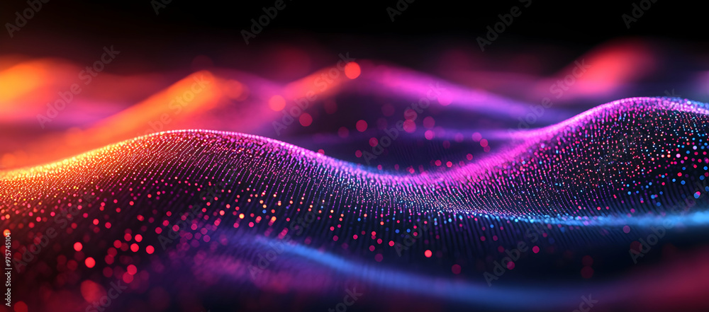 Poster vibrant abstract waves with glowing neon colors and sparkling droplets, creating a mesmerizing and d