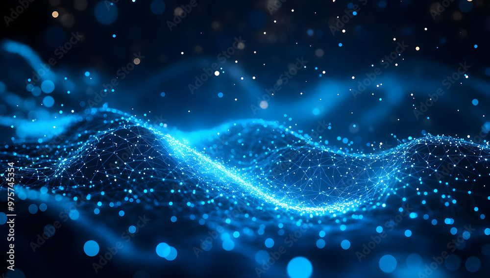 Poster a mesmerizing wave of blue particles sparkling against a dark backdrop, creating an ethereal and dyn