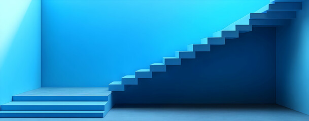 Obraz premium A modern blue staircase against a vibrant blue wall, creating a serene and stylish interior space for contemporary design.