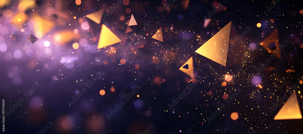 Poster abstract golden triangles floating in a dark, mystical space, creating a sense of depth and dynamic 