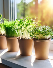 Fototapeta premium Growing organic microgreen in paper containers on windowsill. Fresh edible sprouts. Natural product close up. Healthy growth and eating, urban gardening concept.