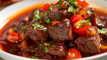 Juicy cubes of beef framed by crispy strips of bacon, drizzled with thick velvety tomato sauce, garnished with fresh herbs.