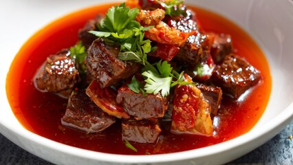 Juicy cubes of beef framed by crispy strips of bacon, drizzled with thick velvety tomato sauce, garnished with fresh herbs.