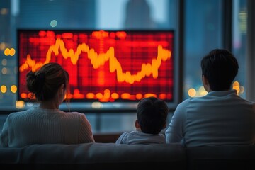 Worried Family Watching TV News about Stock Market Crash and Recession Fears