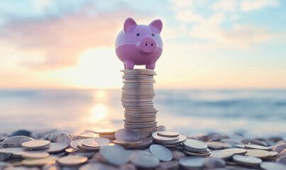 A violet piggy bank balanced on stack of coins with beach background, symbolizing savings and financial growth
