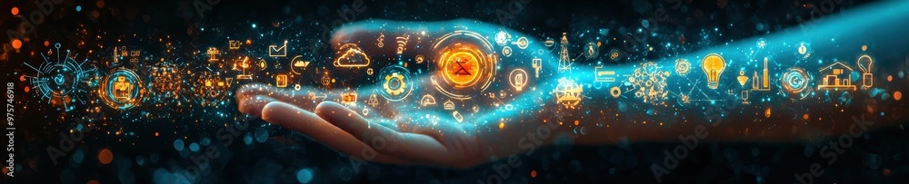 Wall mural an open palm with augmented reality visuals of industrial safety icons, animated with dynamic light 