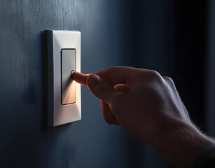 Closeup of a hand switching off a modern light switch, dark room gradually fading to black, ideal for home automation system ads