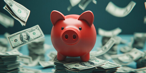 A red piggy bank sits on stacks of U.S. dollar bills with money flying around, symbolizing savings and financial growth