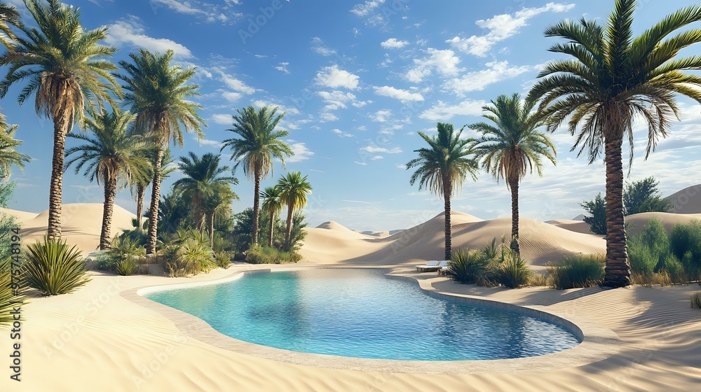 Wall mural desert oasis with date palms and a shimmering pool surrounded by towering sand dunes and clear blue 