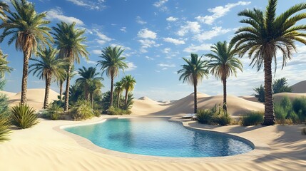 Fototapeta premium Desert oasis with date palms and a shimmering pool surrounded by towering sand dunes and clear blue skies creating a unique landscape for desert beauty