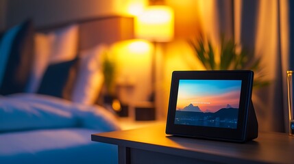 A digital photo frame displaying an image on a bedside table, with a blurred bedroom