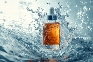 Product photography of bottle of serum floating in mid-air. water splashing around and the scene luxury and elegance, youthful, wellness