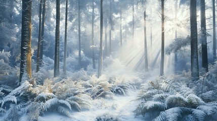 Naklejka premium Snow-covered evergreen forest with soft sunlight breaking through the trees a gentle layer of frost over the ferns evoking a peaceful winter wonderland