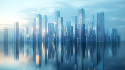 Sleek and modern abstract background with a minimalist cityscape made of glass, featuring vertical bar charts rising against a gradient blue sky