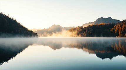 Fototapeta premium This image depicts a serene mountain landscape, with a still lake reflecting the foggy mountains and dense pine forests.