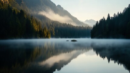 This image depicts a serene mountain landscape, with a still lake reflecting the foggy mountains and dense pine forests.