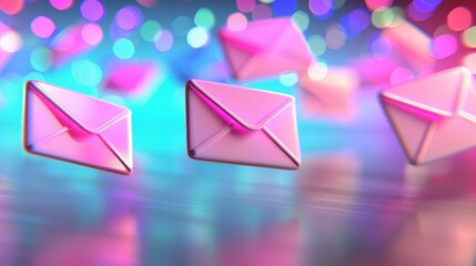 Floating Neon Envelopes with Colorful Bokeh
