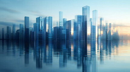 Sleek and modern abstract background with a minimalist cityscape made of glass, featuring vertical bar charts rising against a gradient blue sky