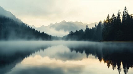 Fototapeta premium This image depicts a serene mountain landscape, with a still lake reflecting the foggy mountains and dense pine forests.